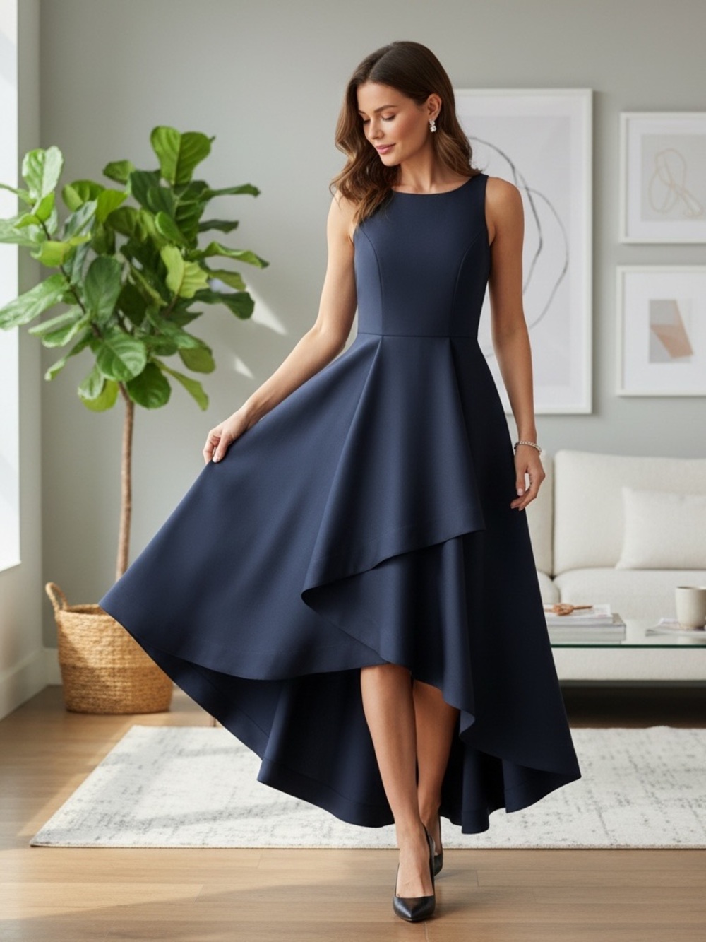Adrianna Papell navy blue sleeveless Mikado high-low gown